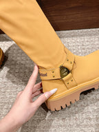 Schwarzer kniehoher Stiefel mit Lederbesatz – Damen