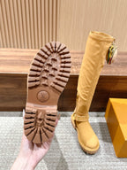 Schwarzer kniehoher Stiefel mit Lederbesatz – Damen