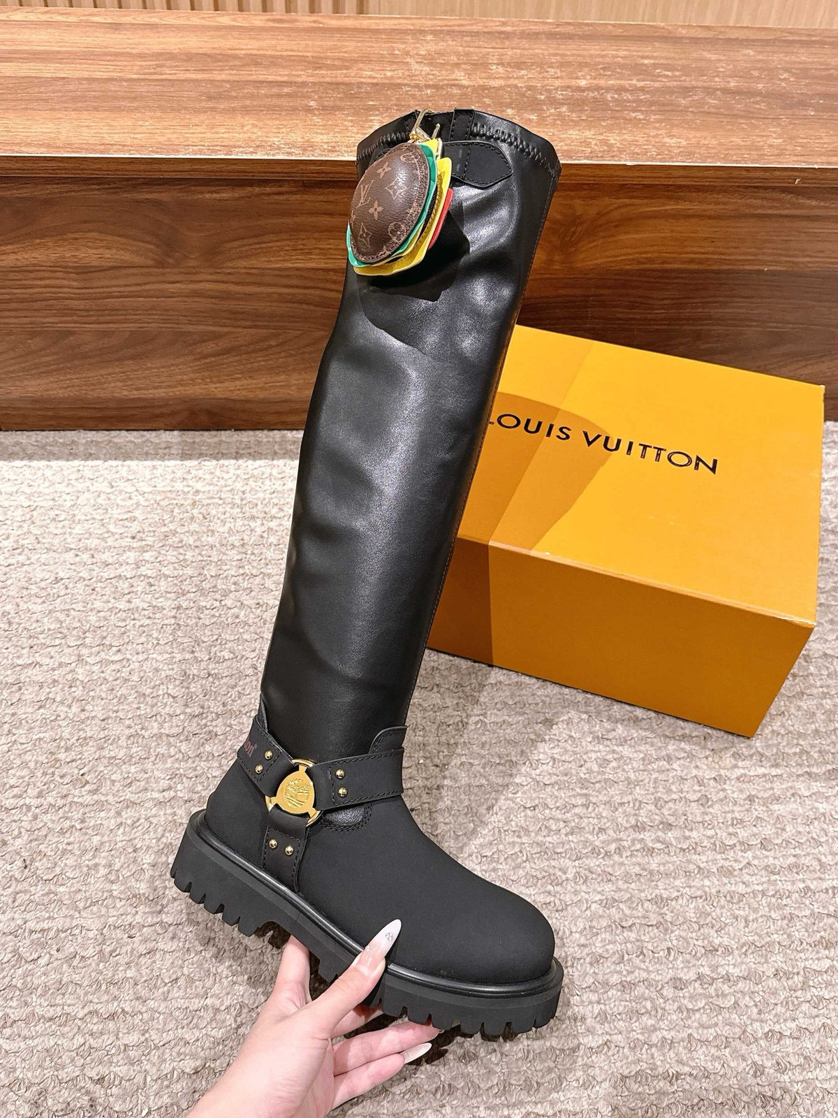 Black Leather Charm Knee-High Boot - Women's
