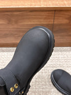 Schwarzer kniehoher Stiefel mit Lederbesatz – Damen