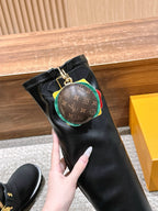 Schwarzer kniehoher Stiefel mit Lederbesatz – Damen