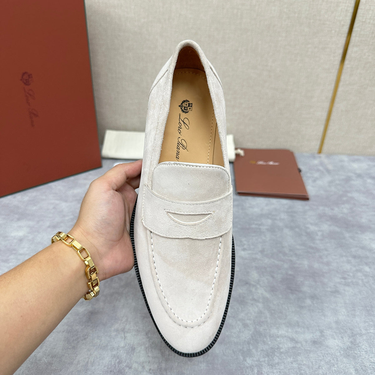 Cream Suede Contrast Sole Penny Loafer - Men's