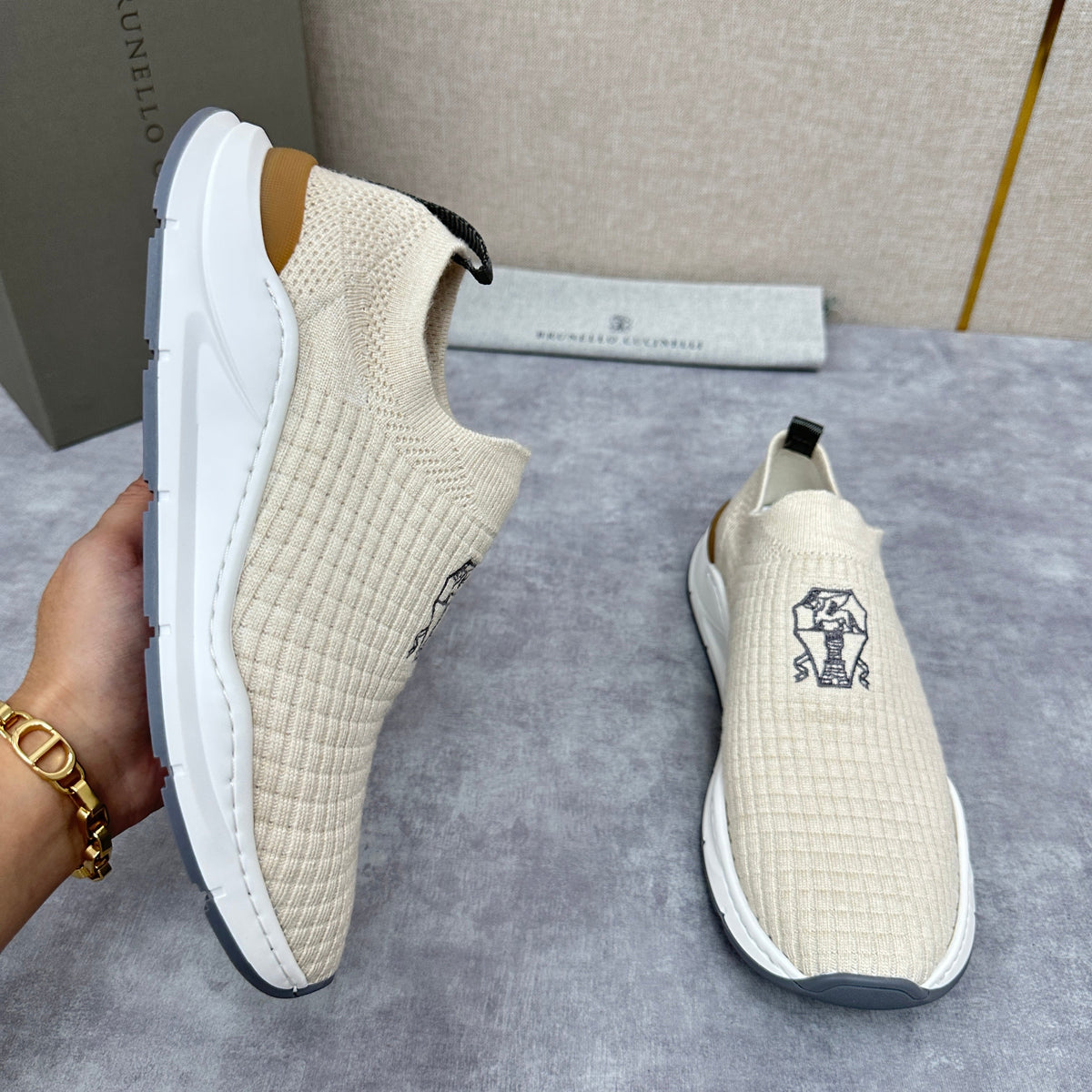 Cream Knit Quilted Sock Runner - Men's