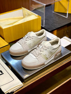 Cream Leather Panelled Low-Top - Men's