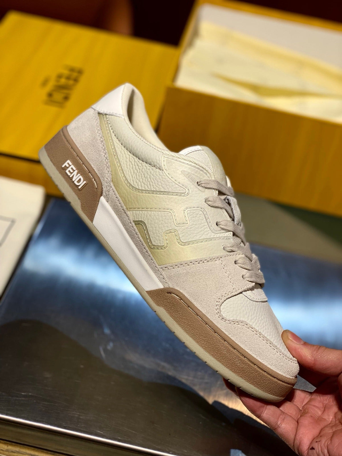Cream Leather Panelled Low-Top - Men's