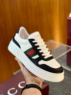 Black Leather Striped Low-Top - Men's