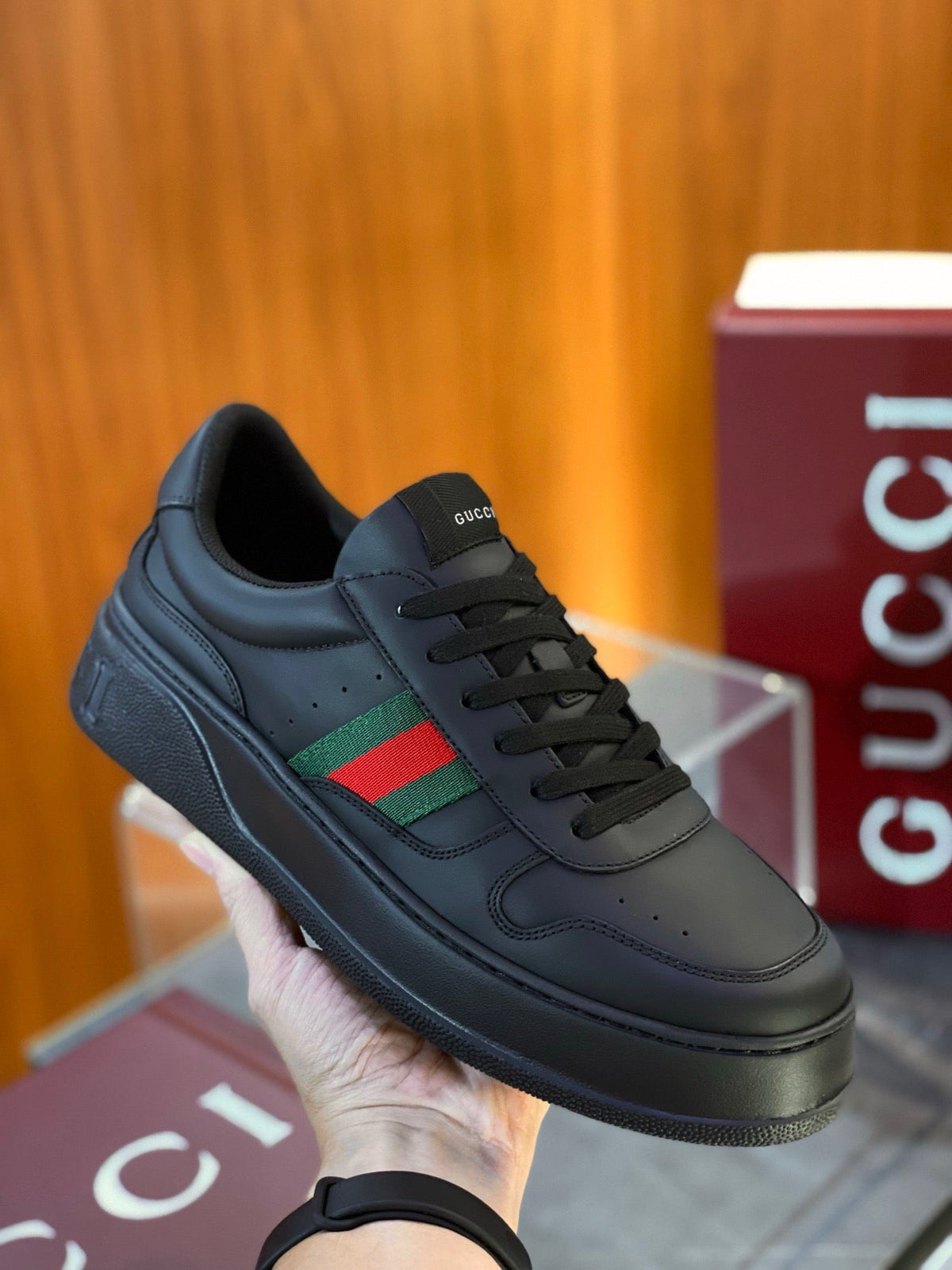 Black Leather Striped Low-Top - Men's