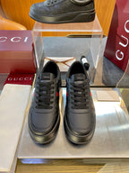 Black Leather Striped Low-Top - Men's