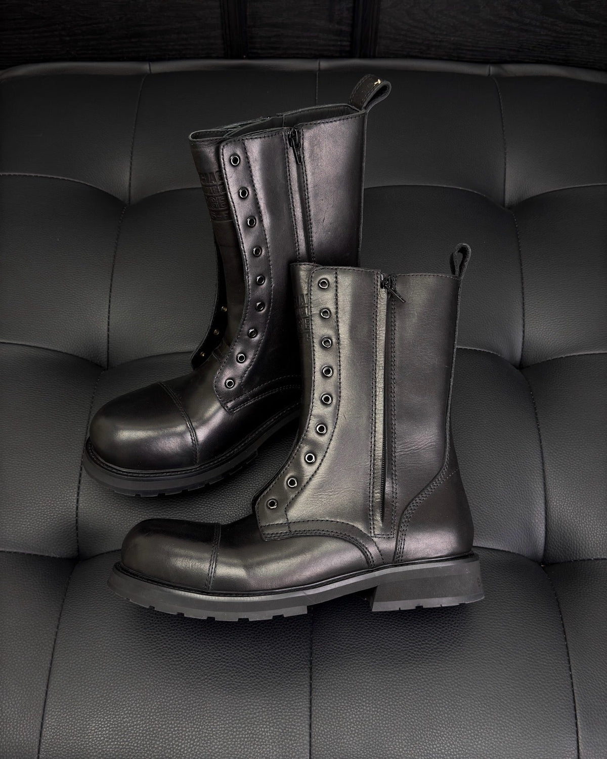 Black Leather Zip Combat Boot - Men's