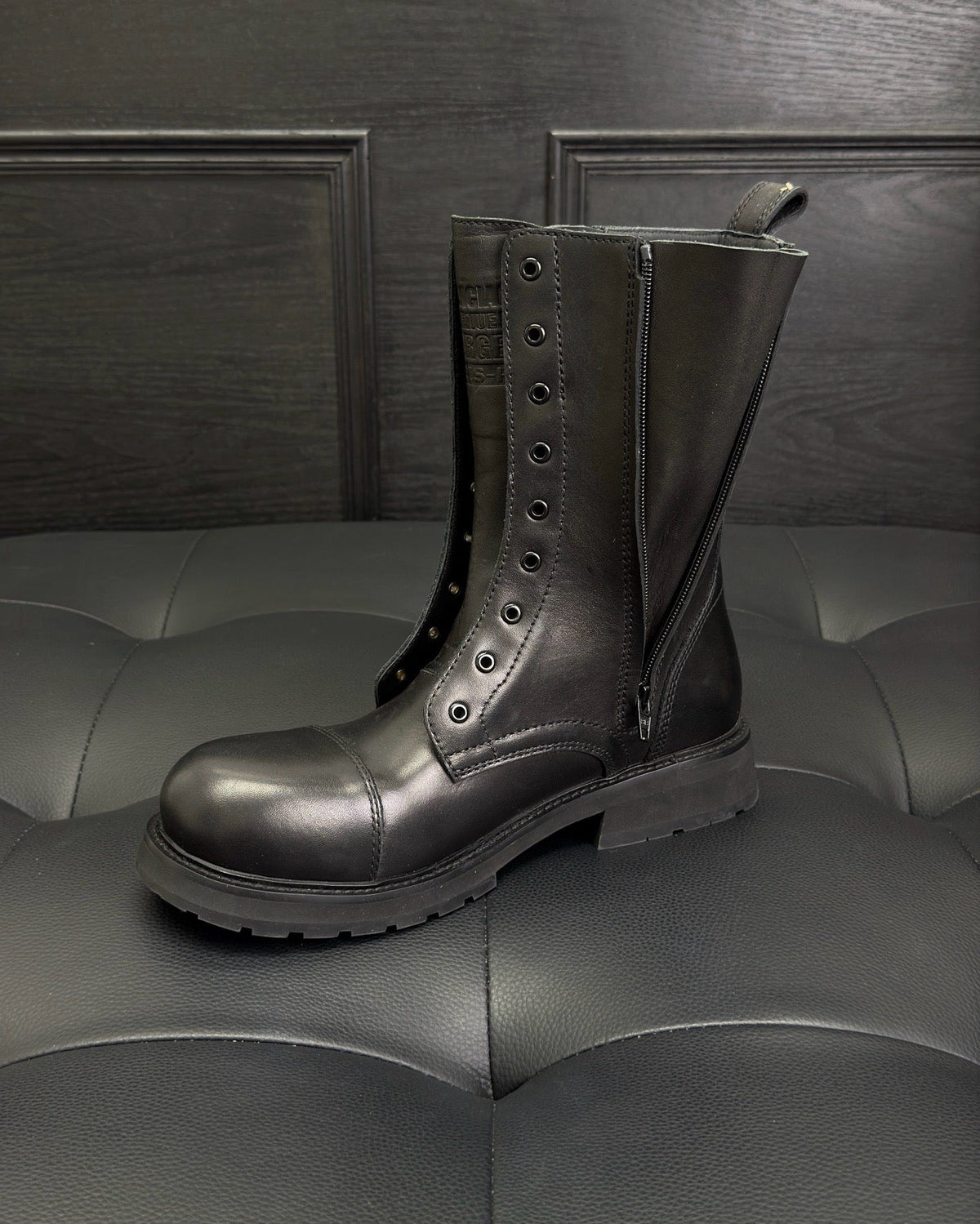 Black Leather Zip Combat Boot - Men's