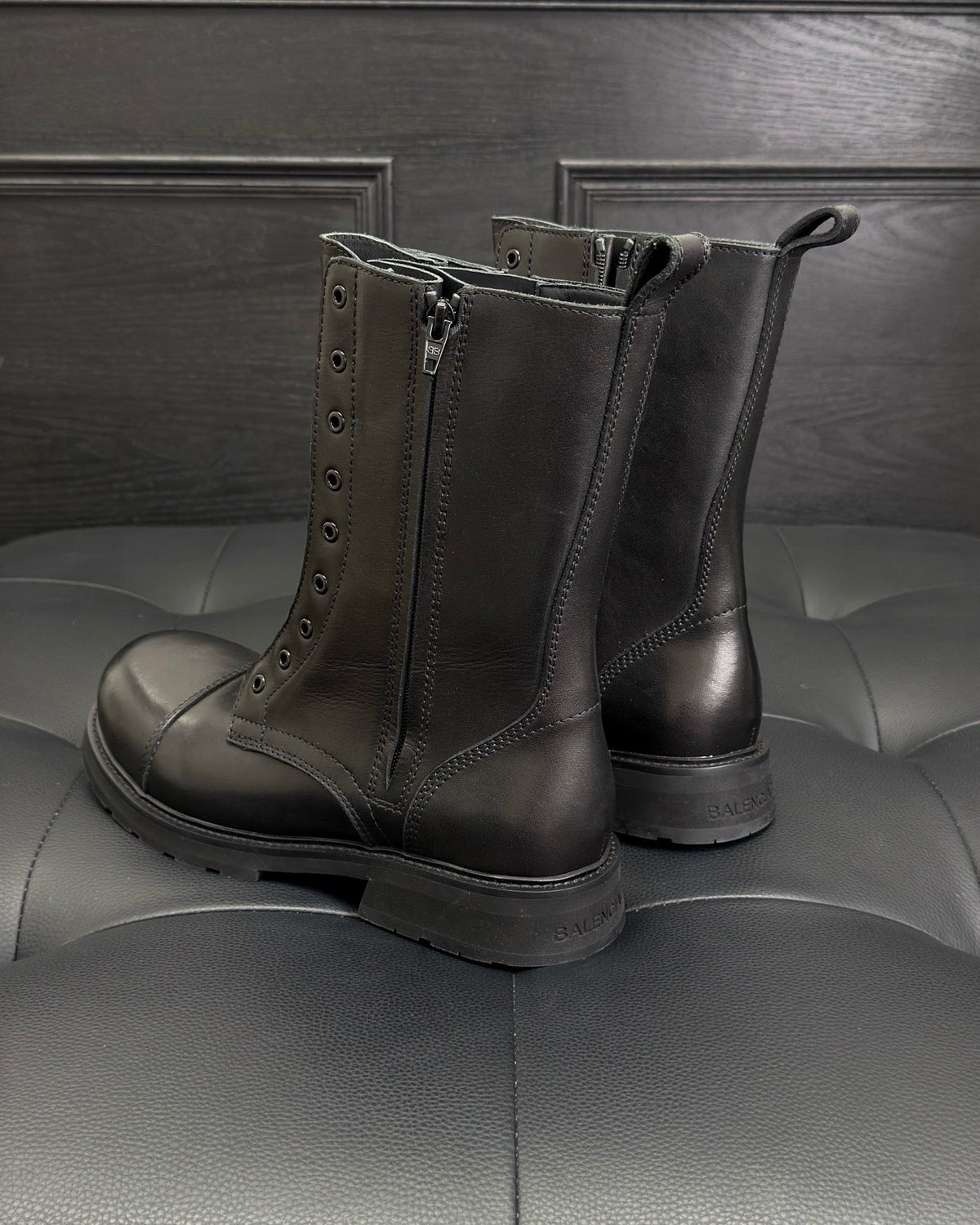 Black Leather Zip Combat Boot - Men's