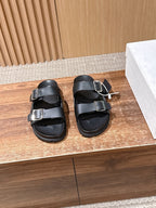Black Leather Plain Double Strap - Women's