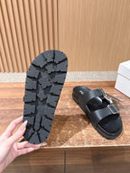 Black Leather Contrast Footbed Double Strap - Women's