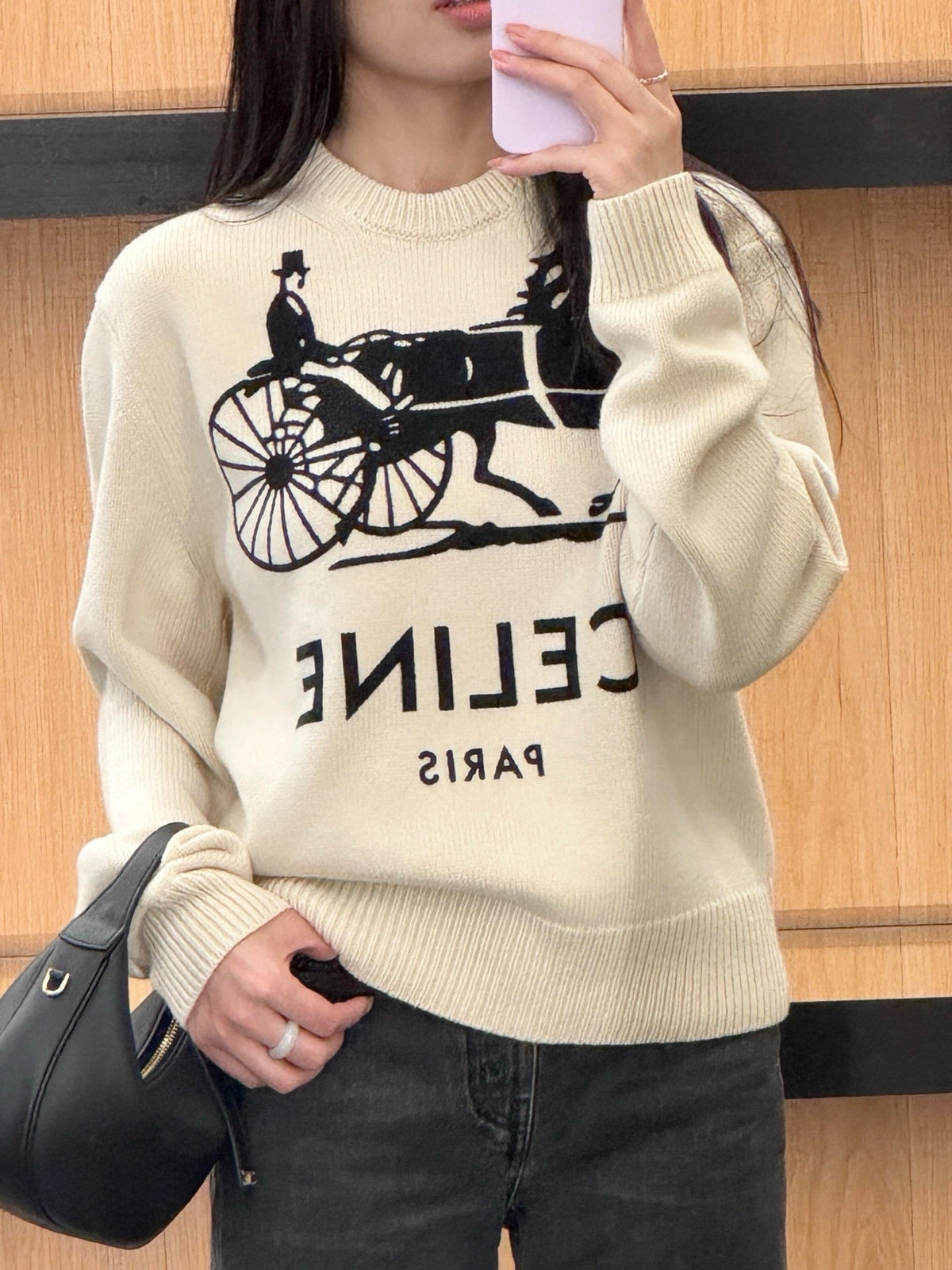 Cremefarbenes Baumwoll-Rundhals-Sweatshirt mit Kutschengrafik – Herren