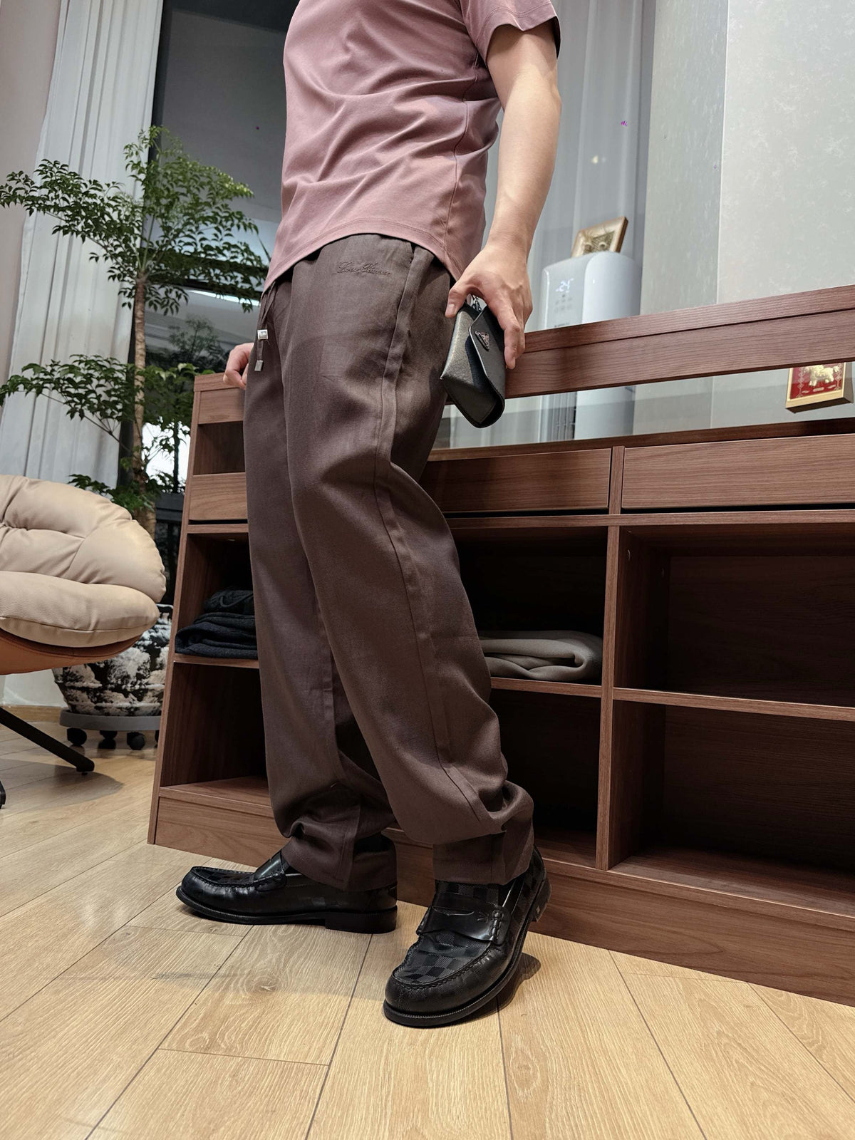 Braune Baumwollhose mit geradem Bein und Kordelzug – Damen