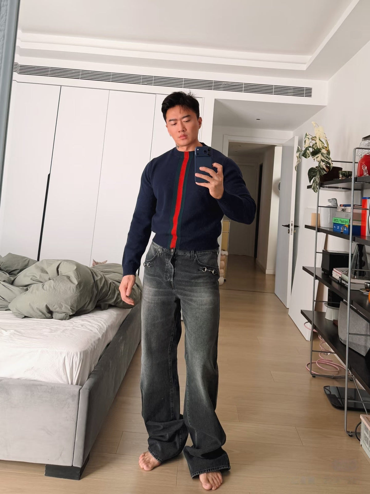 Graue, verwaschene Slim-Fit Jeans - Herren