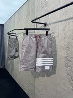 Graue Baumwoll-Bar-Streifen-Kordelzugshorts – Herren