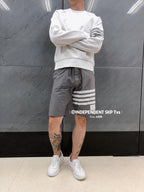 Graue Baumwoll-Bar-Streifen-Kordelzugshorts – Herren