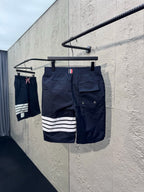 Graue Baumwoll-Bar-Streifen-Kordelzugshorts – Herren