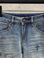 Blue Distressed Straight Jeans - Herren