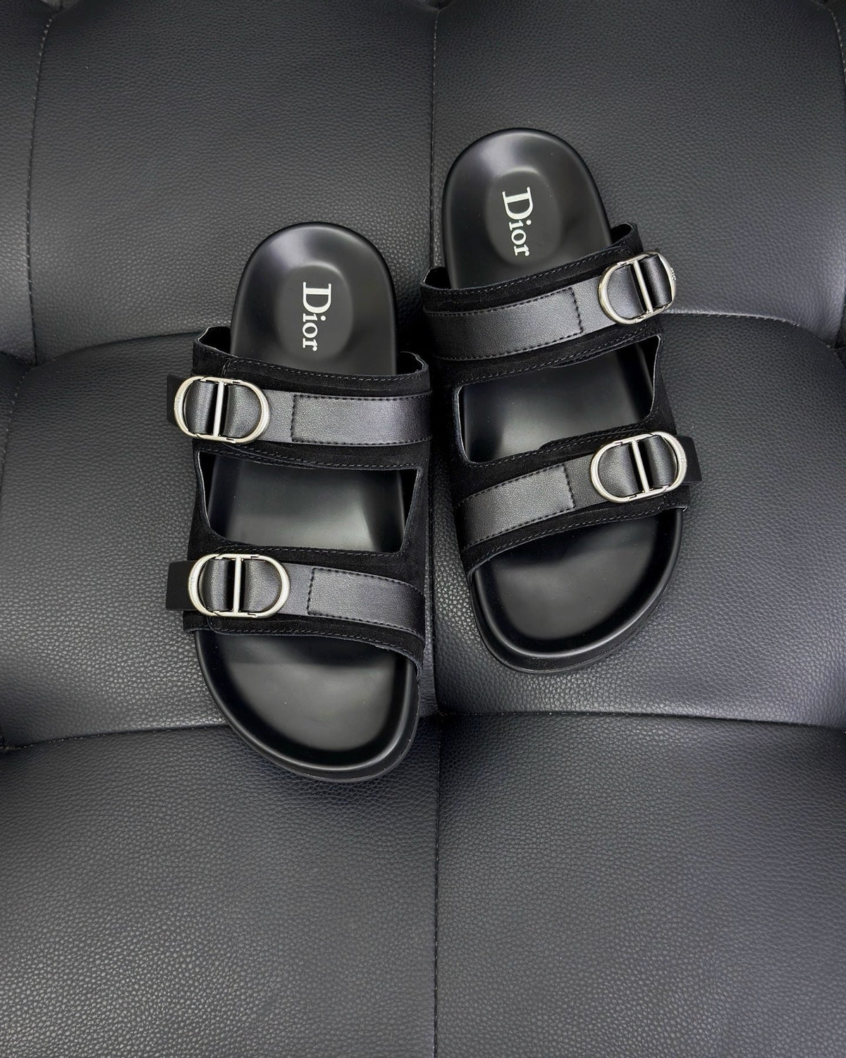 Black Leather Silver Buckle Double Strap - Men's