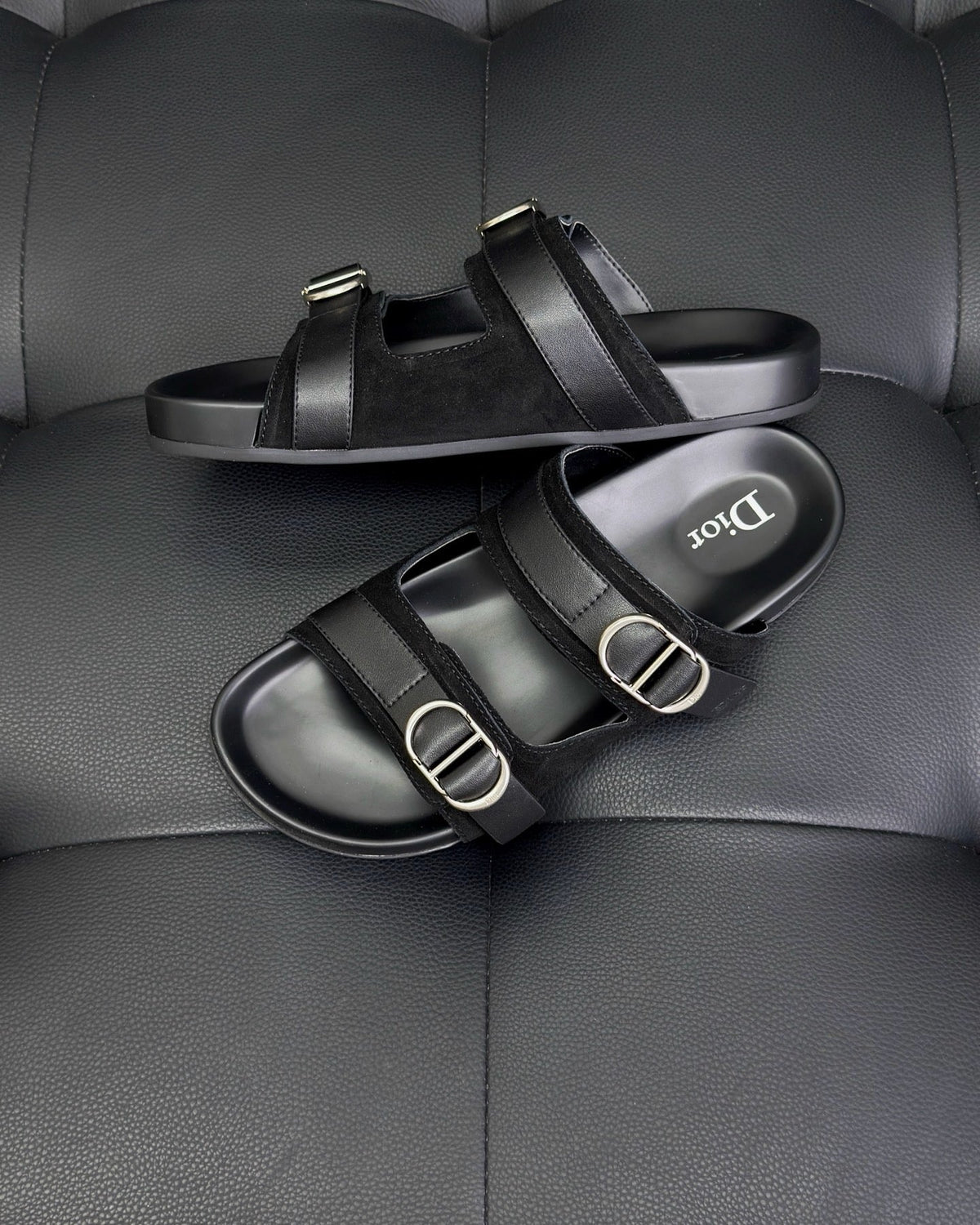 Black Leather Silver Buckle Double Strap - Men's