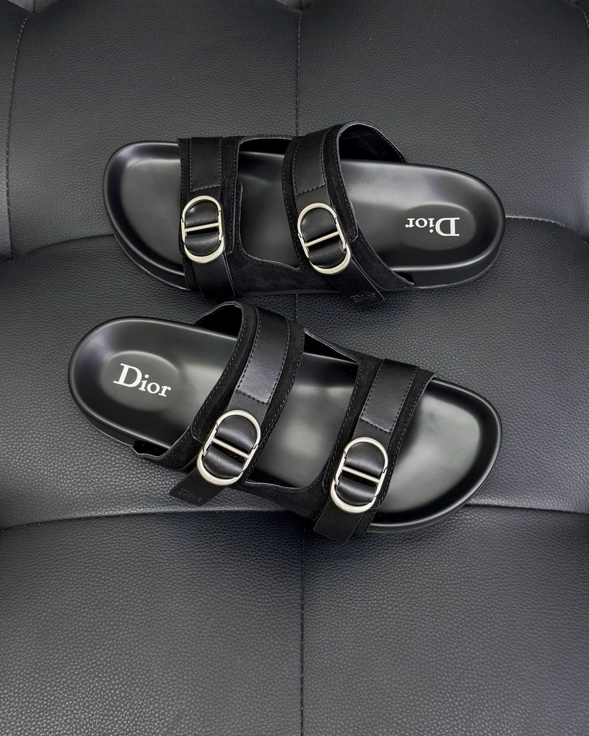 Black Leather Silver Buckle Double Strap - Men's