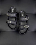 Black Leather Buckle Double Strap - Men's