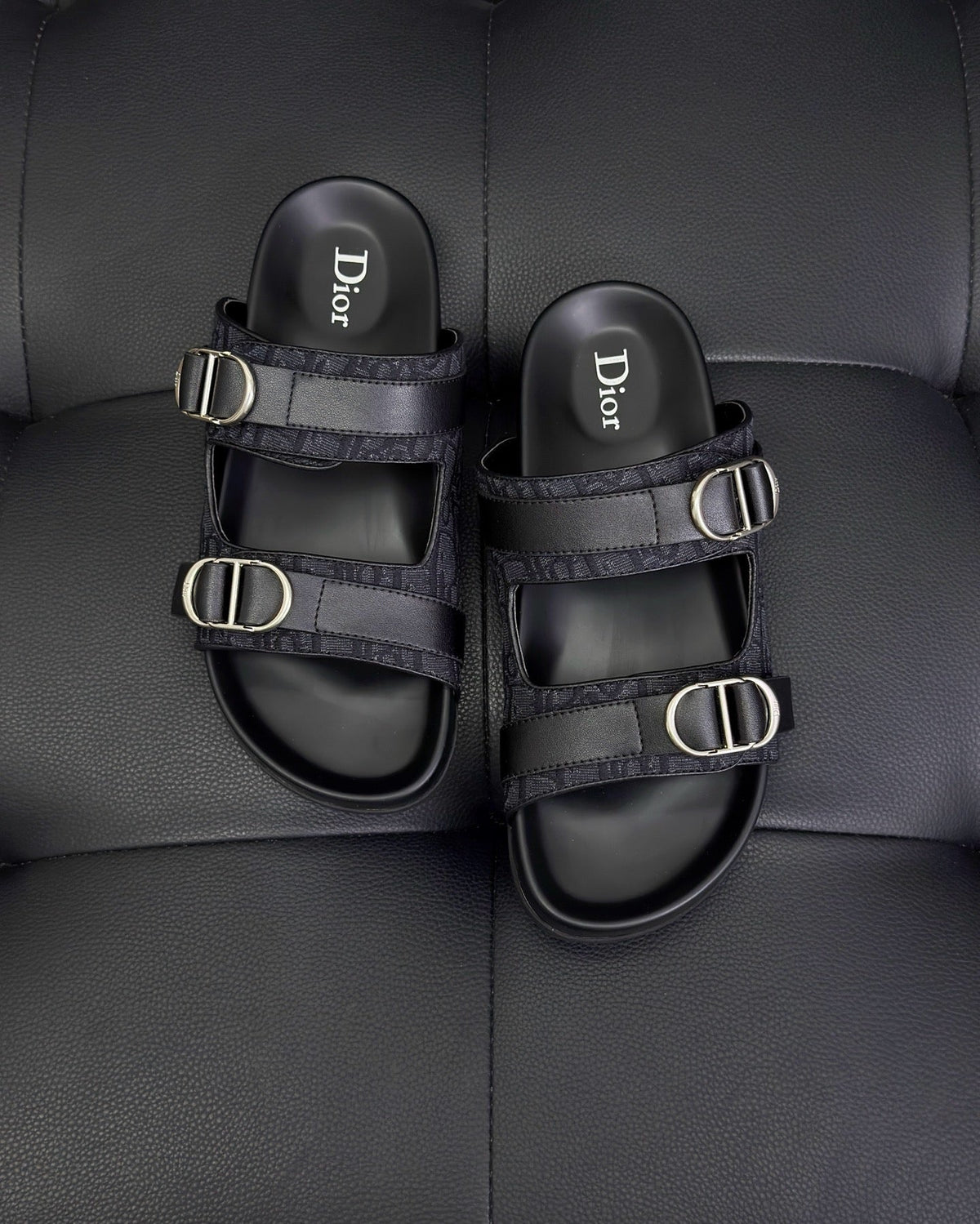 Black Leather Buckle Double Strap - Men's