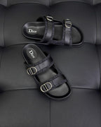 Black Leather Buckle Double Strap - Men's