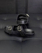Black Leather Buckle Double Strap - Men's