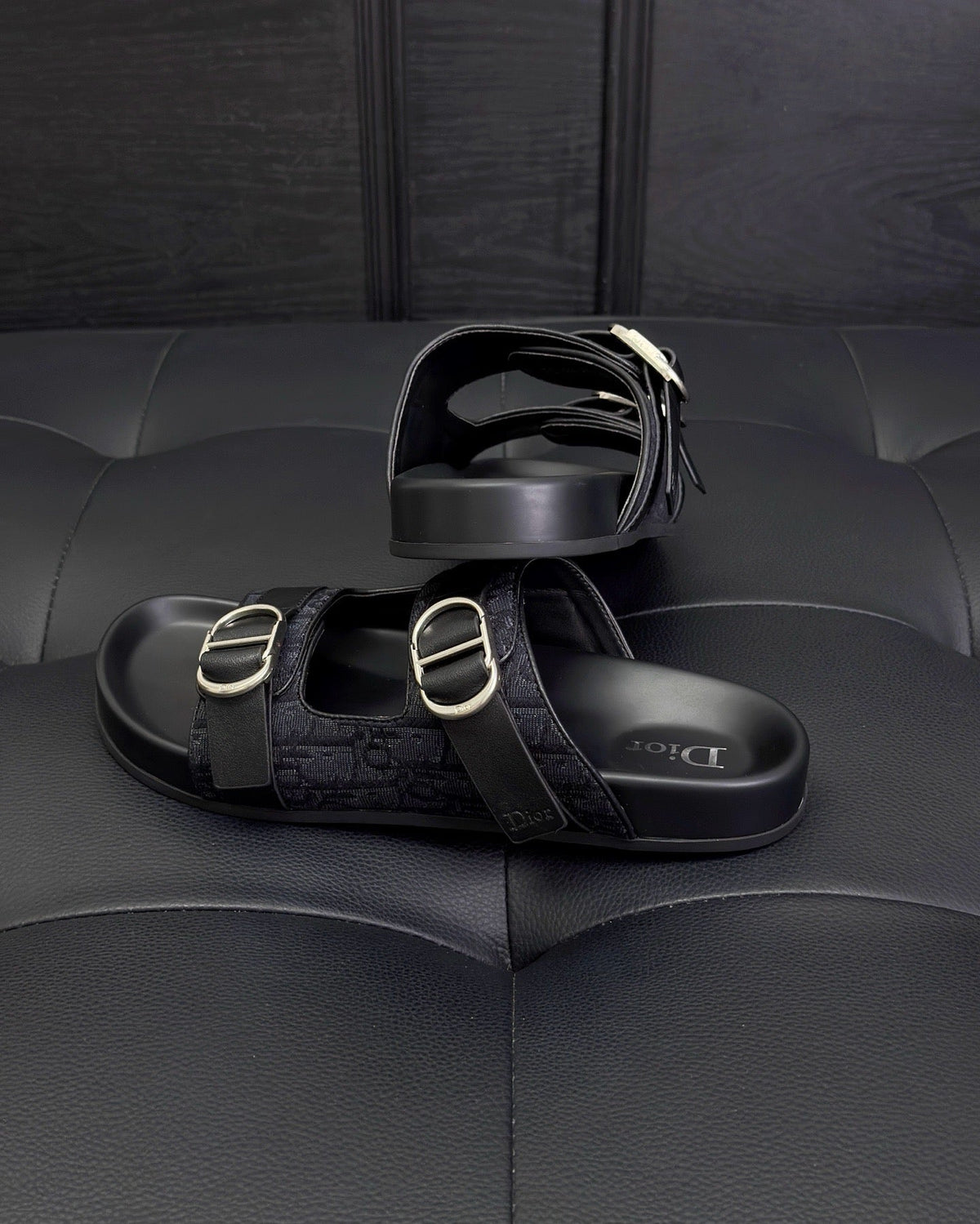 Black Leather Buckle Double Strap - Men's