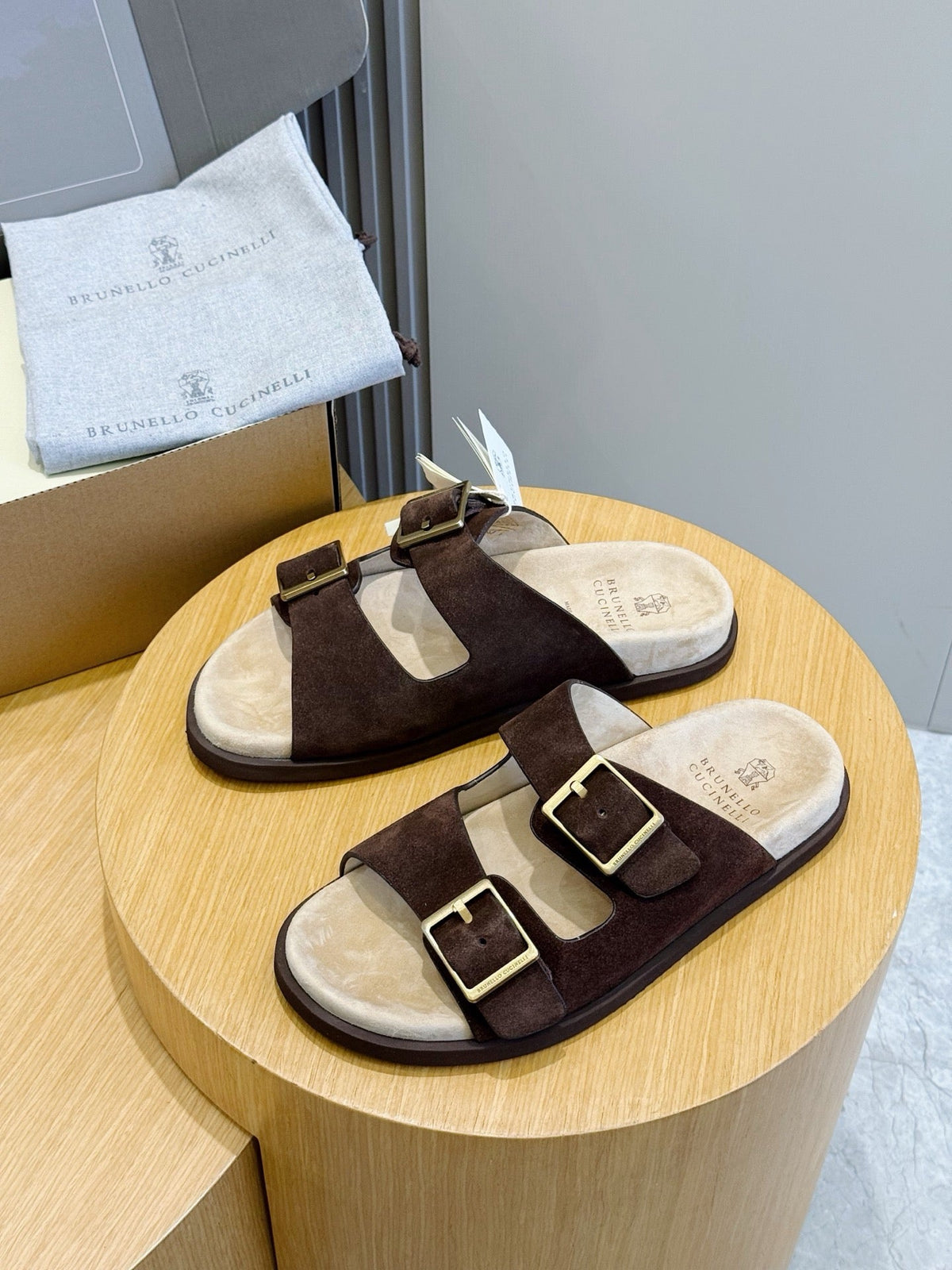 Brown Suede Cork Footbed Double Strap - Men's