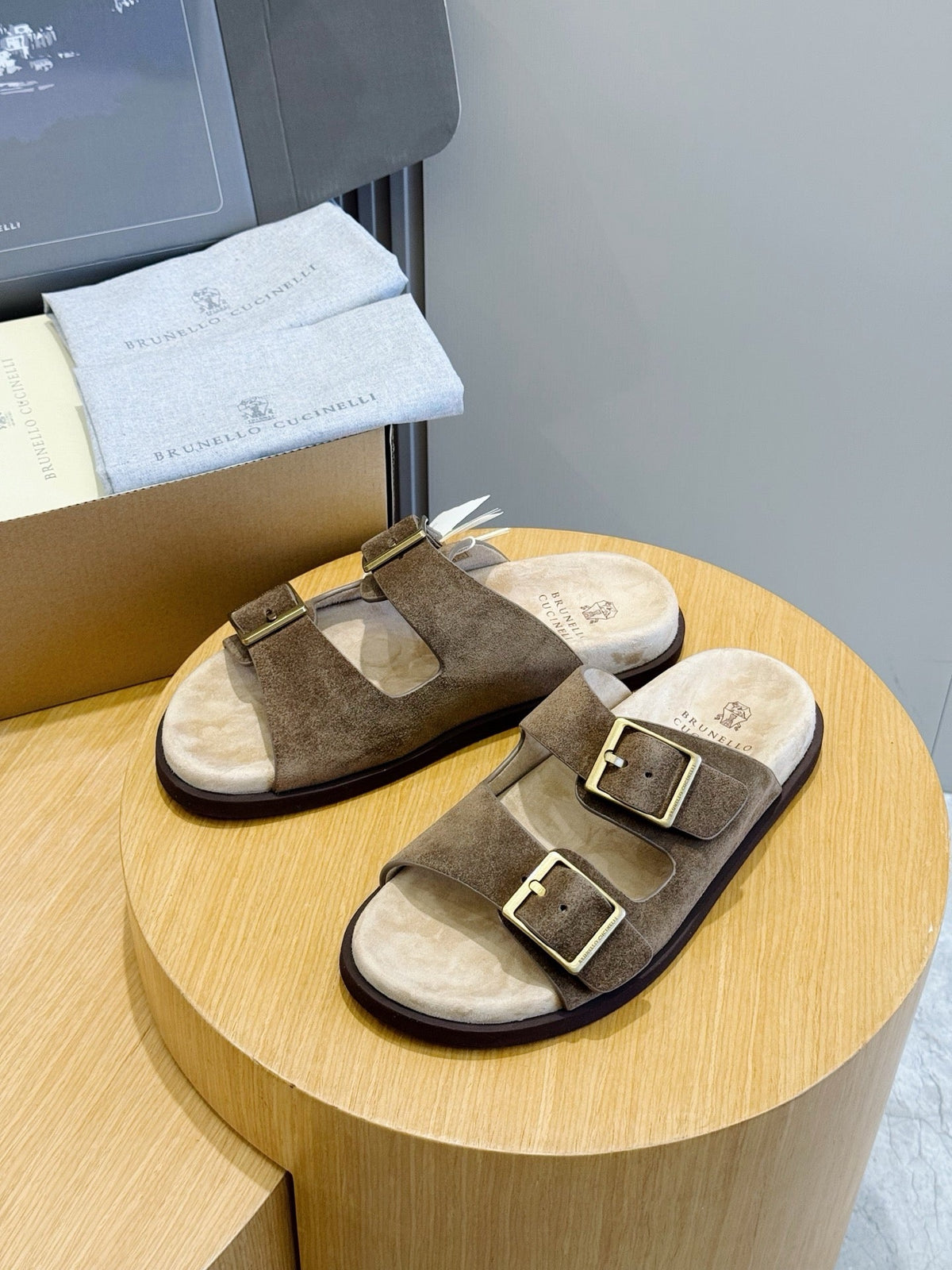 Brown Suede Cork Footbed Double Strap - Men's