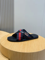 Black Leather Web Stripe Crossover - Men's
