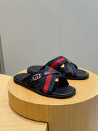 Black Leather Web Stripe Crossover - Men's