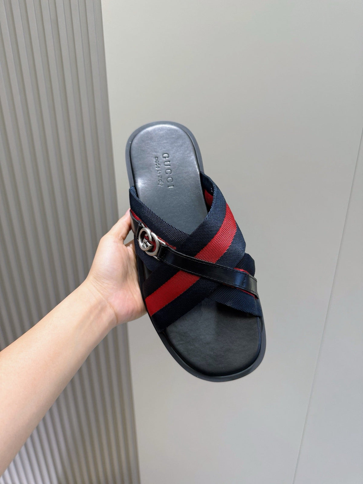 Black Leather Web Stripe Crossover - Men's