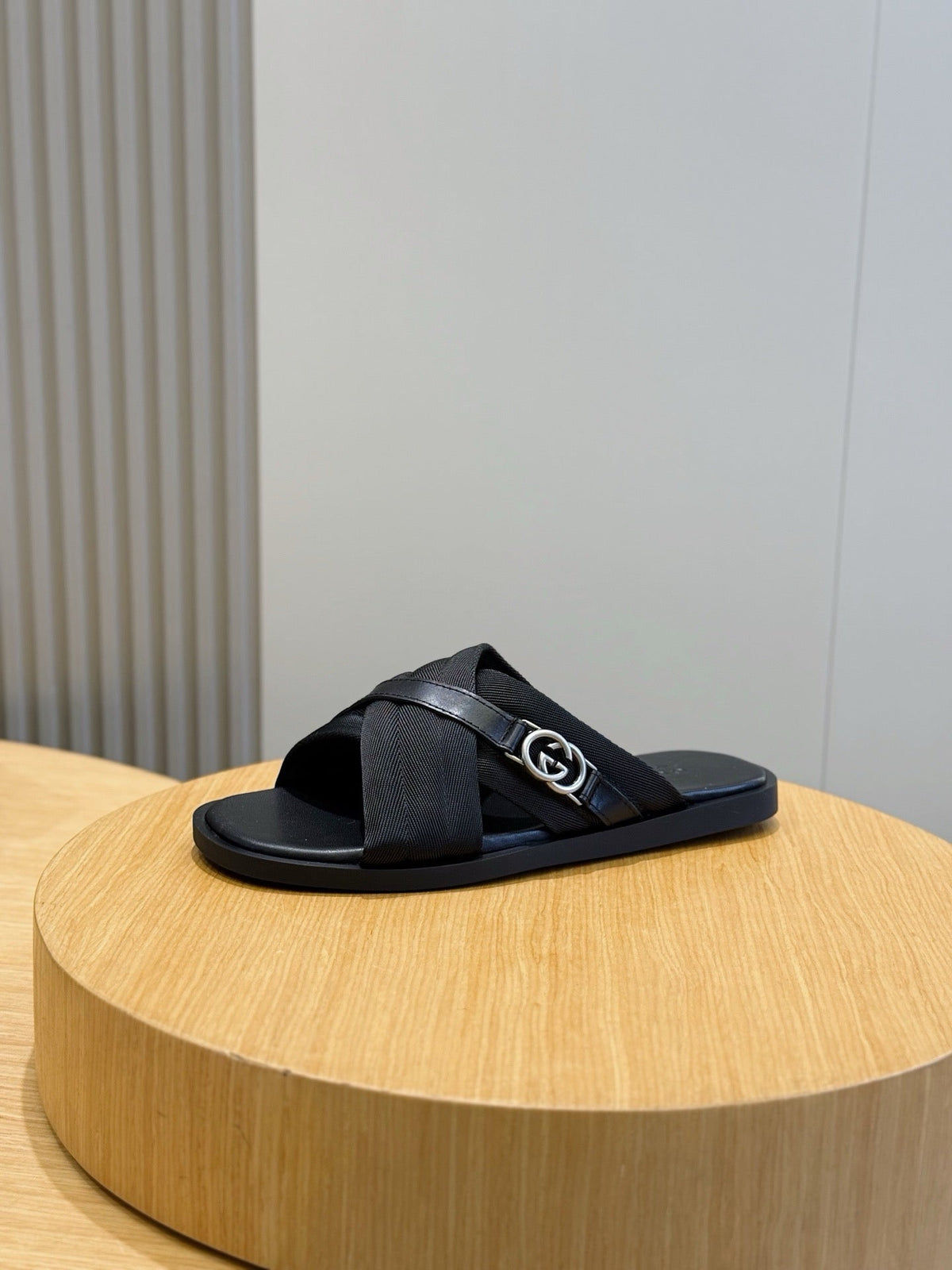 Black Leather Web Stripe Crossover - Men's