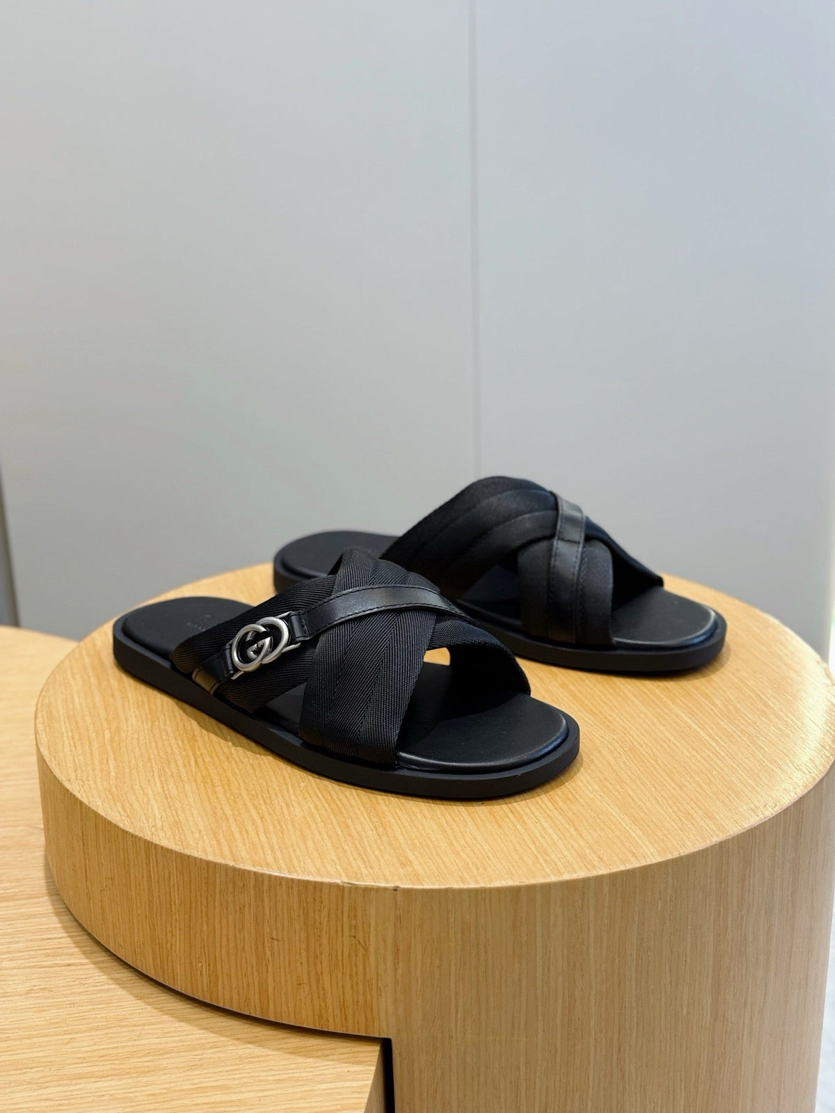 Black Leather Web Stripe Crossover - Men's