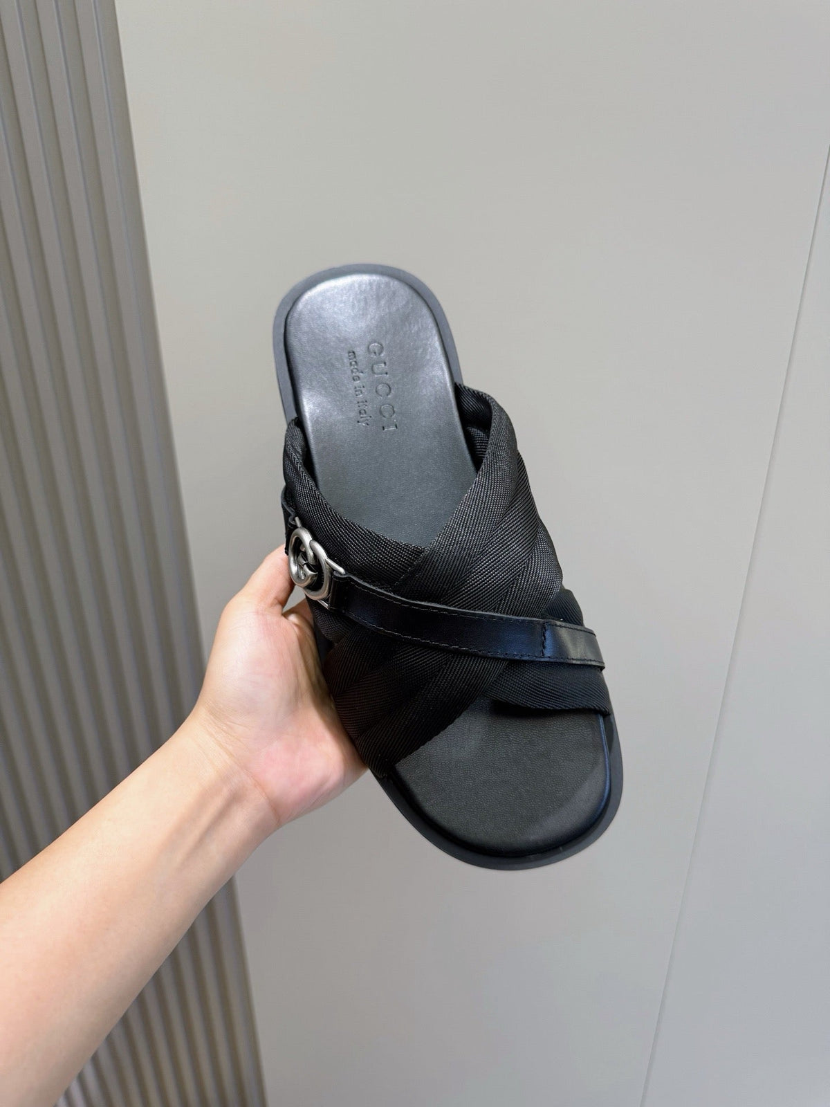 Black Leather Web Stripe Crossover - Men's