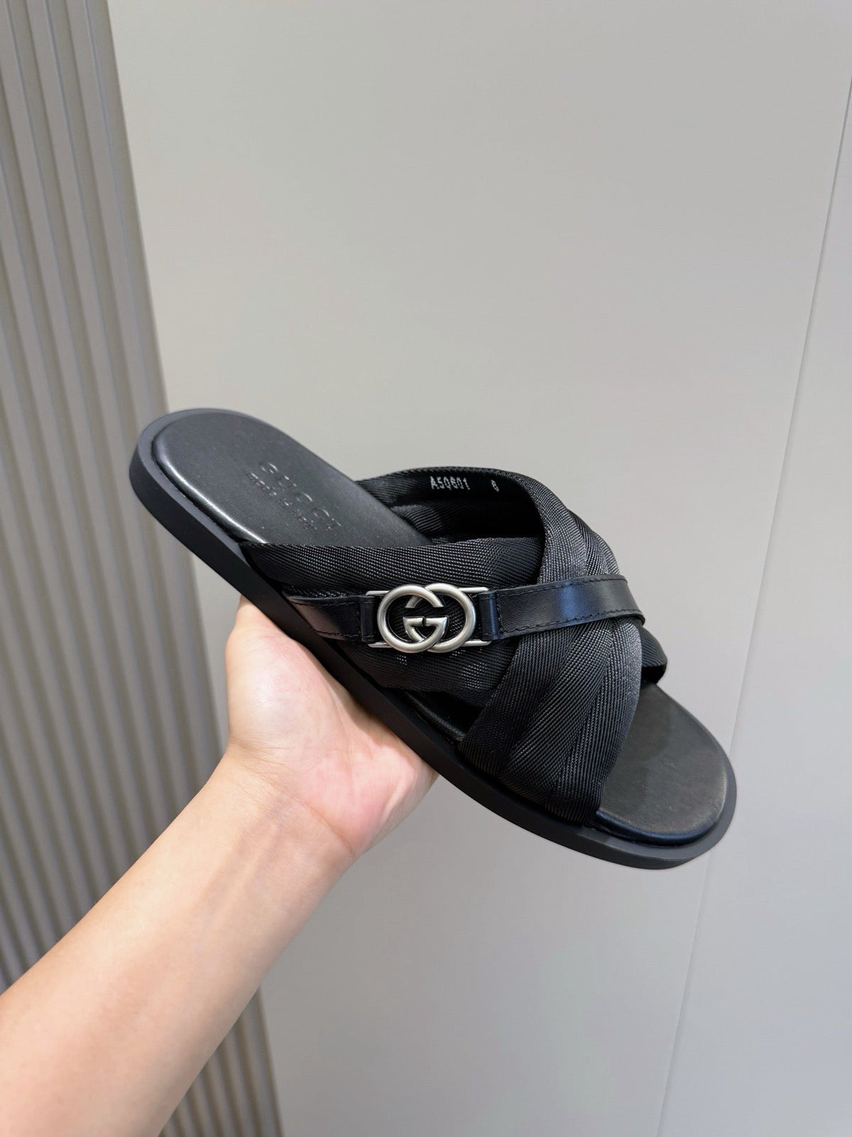 Black Leather Web Stripe Crossover - Men's