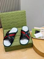 Black Leather Web Stripe Crossover - Men's