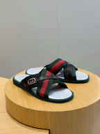 Black Leather Web Stripe Crossover - Men's