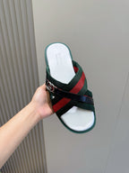 Black Leather Web Stripe Crossover - Men's