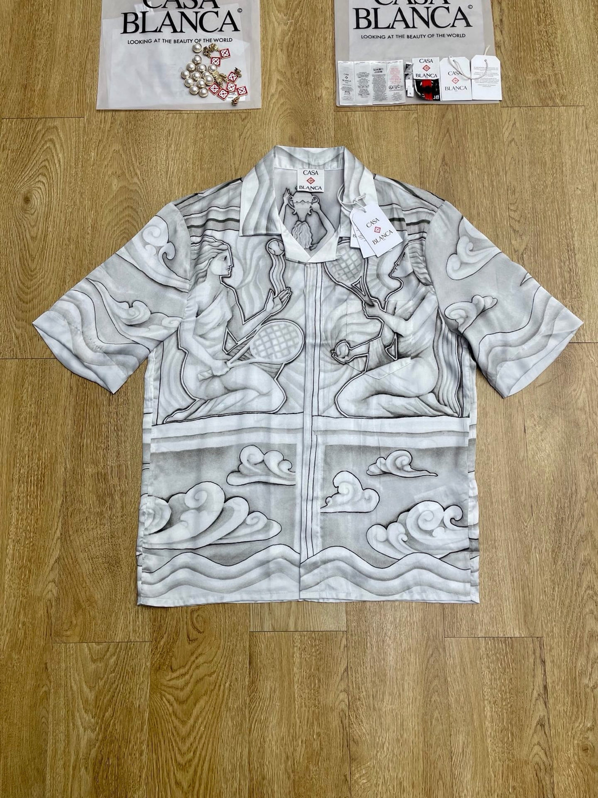 Graues Seiden-Print-Kurzarmhemd – Herren