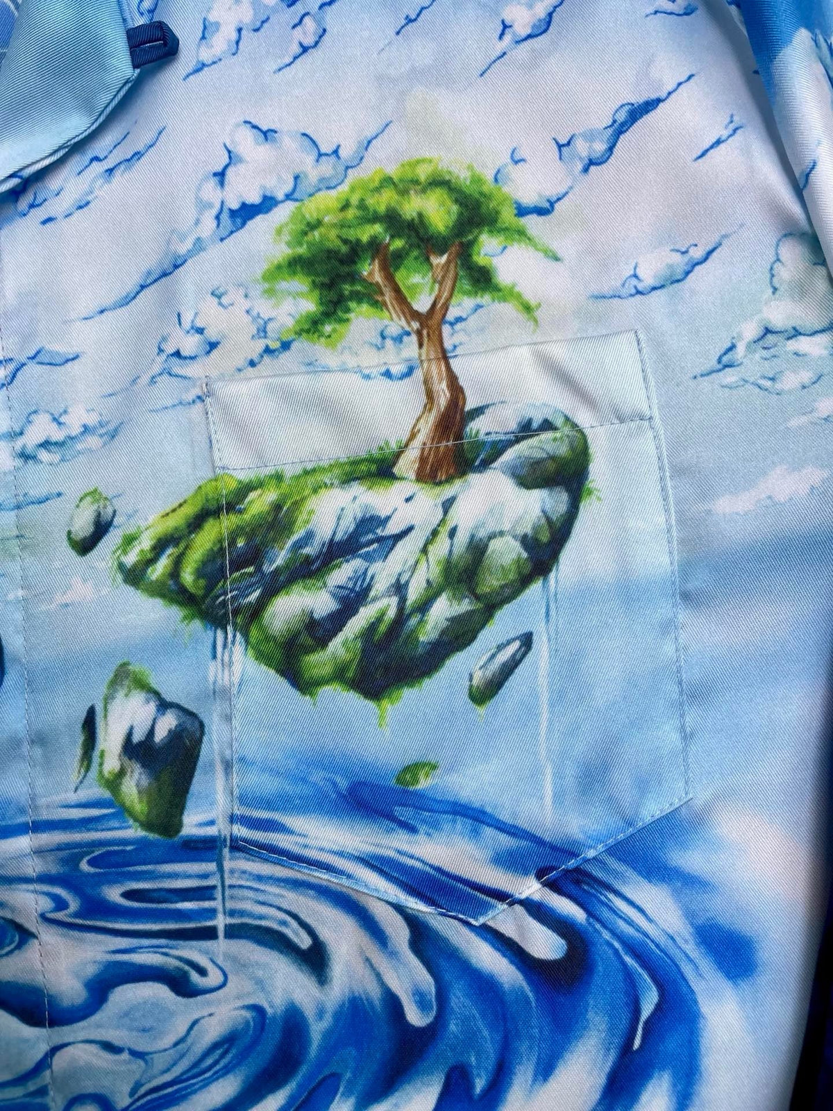 Hemd aus Seide mit blauem Landschaftsmuster – Herren
