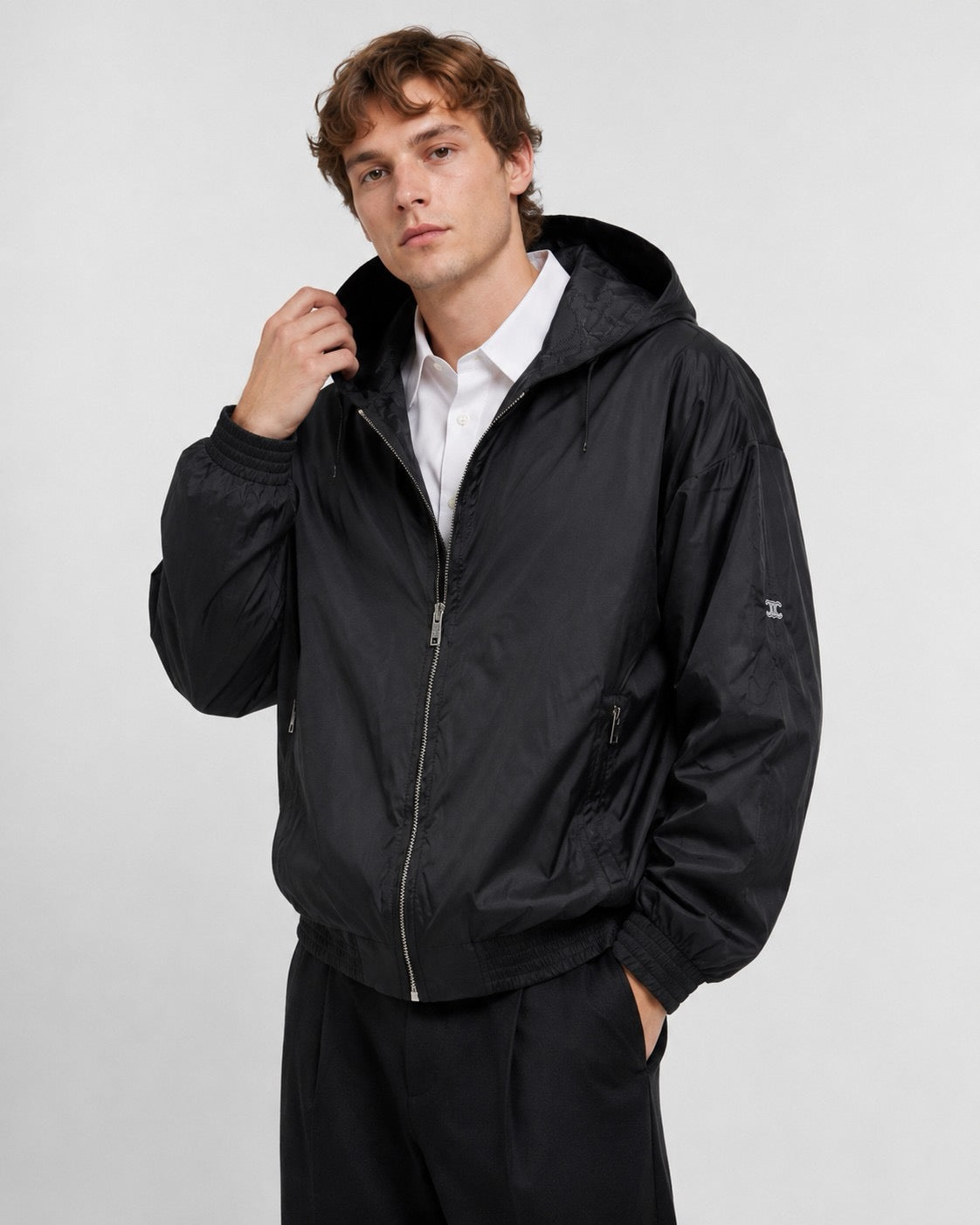 Schwarze Nylon-Bomberjacke mit Kapuze – Herren