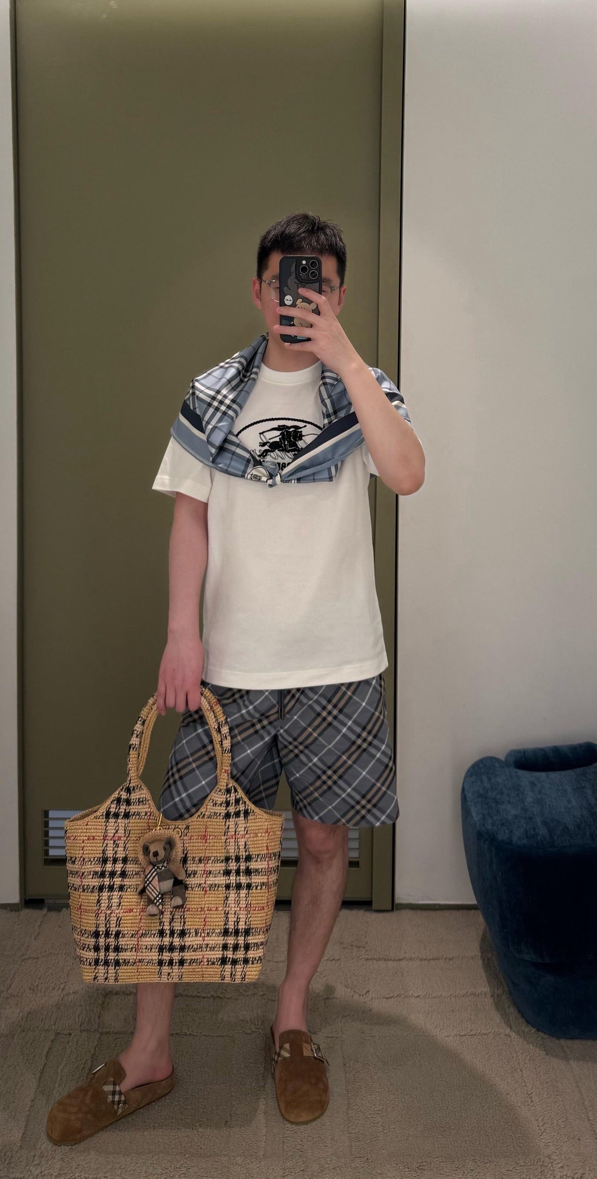 Blauer Baumwoll-Check-Kordelzug – Herren