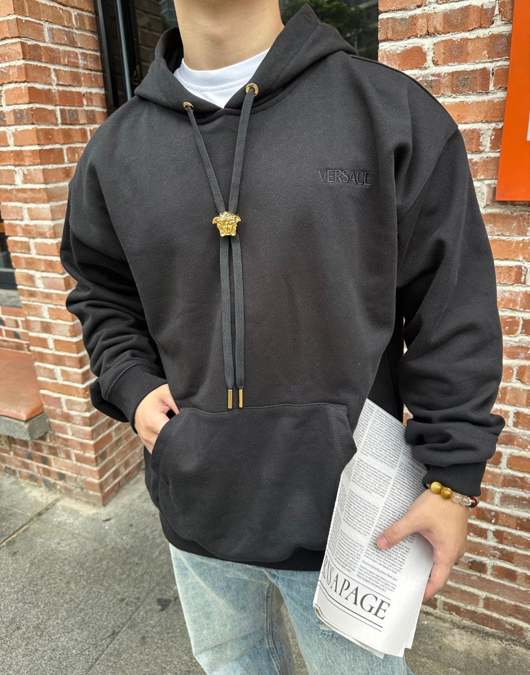Black Cotton Plain Pullover - Men's