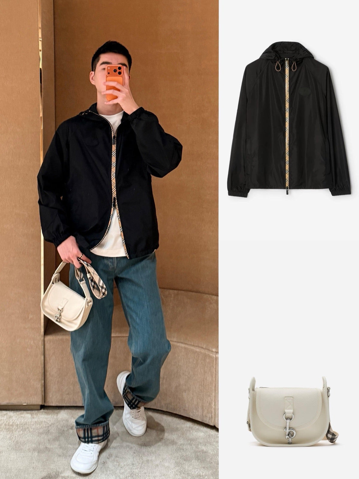 Schwarz Nylon Kapuzenjacke mit Kontrastkordel – Herren